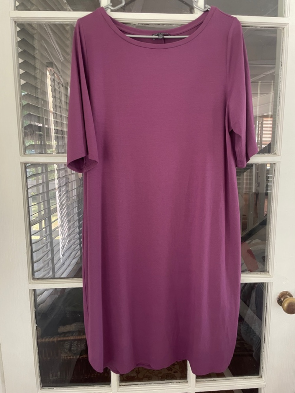 Eileen Fisher Scoop Neck Dress Women’s Large Half Sleeves Shirttail Hem Plum